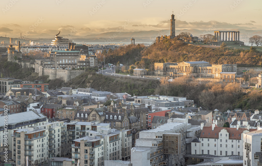 Amazing Edinburgh cityscape view and Calton Hill with the skyline seen from the top of Salisbury Crags. Destinations in Europe, Space for text, Selective focus.