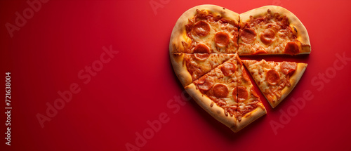 a pizza shaped as a heart on a clear red pastel, Heart shaped pizza background for valentines days / national pizza day