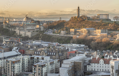 Amazing Edinburgh cityscape view and Calton Hill with the skyline seen from the top of Salisbury Crags. Destinations in Europe, Space for text, Selective focus. © num