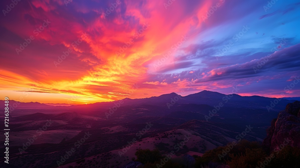 sunrise over the mountains, breathtaking sunset over a picturesque mountain range, casting vibrant hues of orange, pink, and purple across the sky