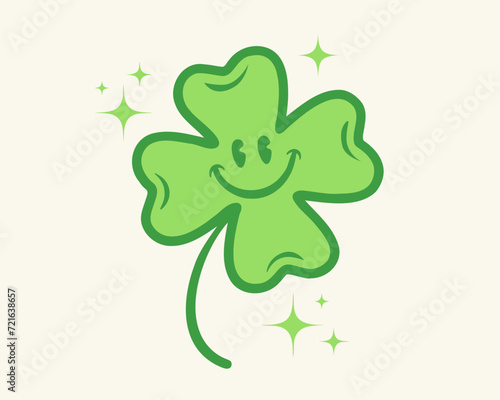 Vector four leaf lucky clover for st. Patrick's day in groovy style. Retro cartoon of lucky clover for Patricks day.