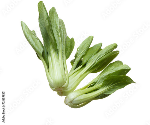 Kale fly in mid air, green fresh vegetable chinese kale falling. Organic fresh vegetable with eaten leaf of chinese kale, heap close up texture. White background isolated freeze motion