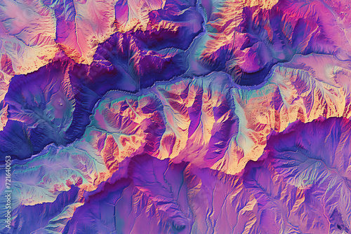 Digital elevation model. GIS product made after proccesing aerial pictures taken from a drone. It shows high rocky and steep mountain peaks. At their feet are visible valleys and mountain lakes photo