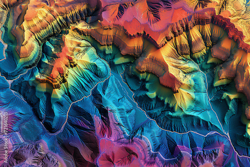 Digital elevation model. GIS product made after proccesing aerial pictures taken from a drone. It shows high rocky and steep mountain peaks. At their feet are visible valleys and mountain lakes photo