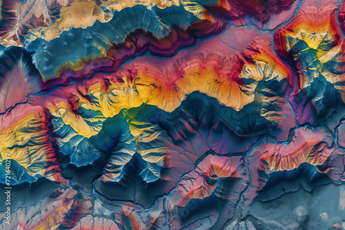 Digital elevation model. GIS product made after proccesing aerial pictures taken from a drone. It shows high rocky and steep mountain peaks. At their feet are visible valleys and mountain lakes