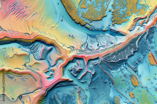 Digital elevation model of a riverway. A meandering and curving river with bends. GIS 3D product made from aerial data