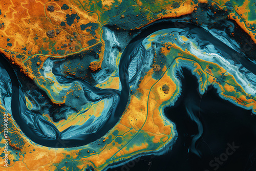 Digital elevation model of a riverway. A meandering and curving river with bends. GIS 3D product made from aerial data