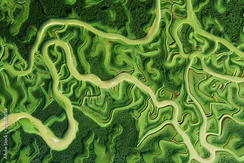 Digital elevation model of a riverway. A meandering and curving river with bends. GIS 3D product made from aerial data