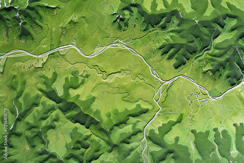 Digital elevation model of a riverway. A meandering and curving river with bends. GIS 3D product made from aerial data photo