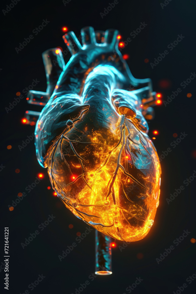 3D Heart Model with Golden Electric Pulse, Generative AI