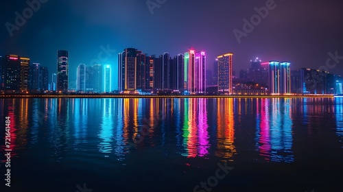 vibrant city skyline at night, illuminated by colorful lights and reflected on the calm waters of a nearby river © @ArtUmbre