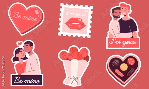 Valentine's day, stickers, vector, lgbt, gay couple, cupid, hug, confession of love, love message, set, cartoon, flat, transparent, flowers, candy, cakes