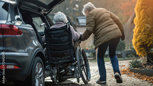 Healthcare Assistant Aiding Elderly, A healthcare assistant helping an elderly individual in a wheelchair get into a car, symbolizing dedicated support in elder mobility and transportation