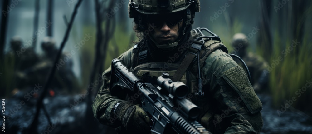 A group of soldiers with weapons on a mission. Close-up of one of the soldiers from the group. A group of soldiers with weapons on a mission. Close-up of one of the soldiers from the group.
