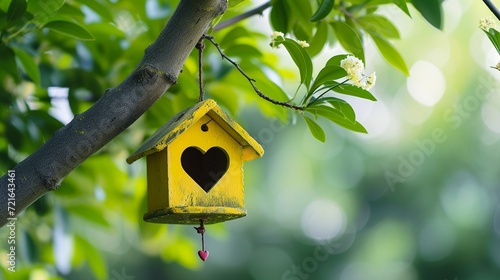 Yellow bird house with the heart shapped entrance on blurred spring outdoor background with copy space.