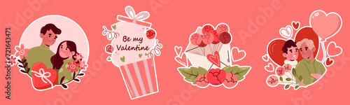 Valentine's day, stickers, vector, lgbt, gay couple, cupid, hug, confession of love, love message, set, cartoon, flat, transparent, flowers, candy, cakes