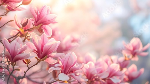 Closeup of blooming magnolia tree in spring on pastel bokeh background  copy space.