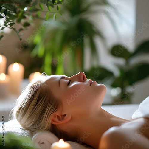 A beautiful blonde woman enjoying a relaxing spa treatment, wearing a white towel