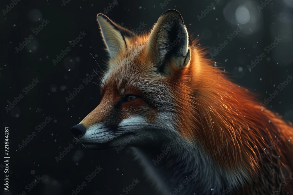 Fototapeta premium Red fox in a snowy setting, the vibrant fur contrasting with the soft snowflakes, a serene portrait of wildlife.