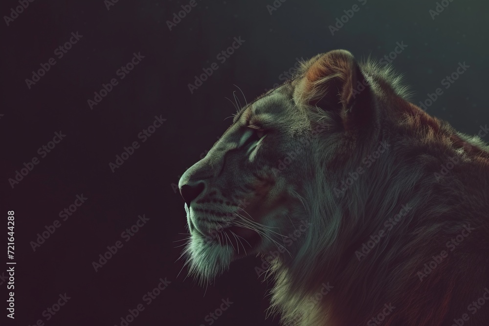 Naklejka premium Side profile of a majestic lion in a dark ambiance, symbolizing strength and royalty in the animal kingdom.