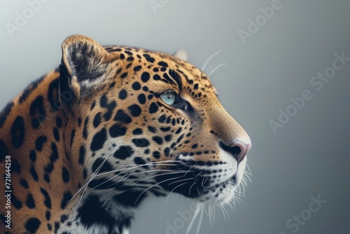 Profile of a leopard with a sharp gaze, showcasing its spotted fur and fierce beauty against a soft grey background.

