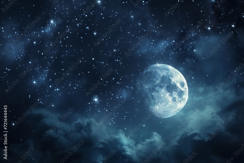 Full moon in a starry sky with clouds, a romantic and mystical night landscape, ideal for background or wallpaper.

