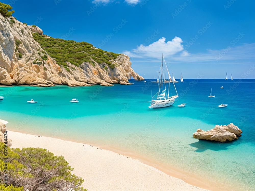 Beautiful beach with boats and sailing yachts. Tropical island with blue lagoon