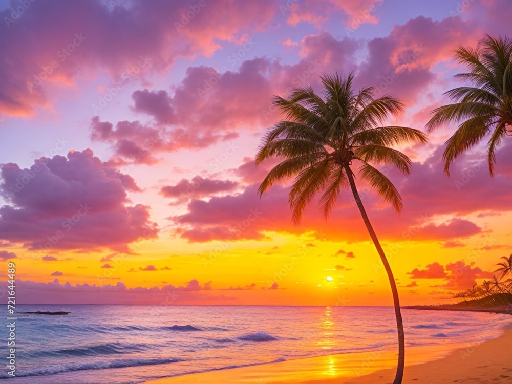 Paradise beach with palm tree and beautiful sky at sunset. Tropical island background

