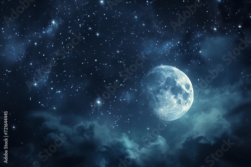 Full moon in a starry sky with clouds, a romantic and mystical night landscape, ideal for background or wallpaper.