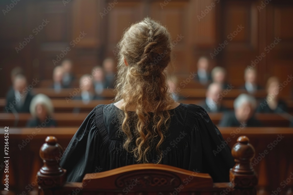 A female lawyer stands at the podium, presenting her case to the attentive jury and audience in a formal courtroom setting. - obrazy, fototapety, plakaty 