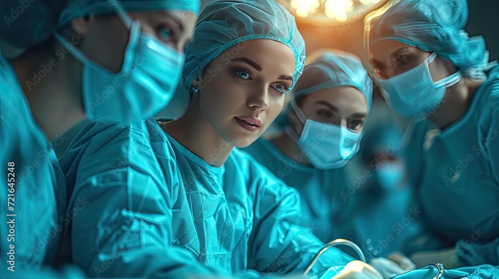 Portrait of a focused female surgeon in scrubs with a dedicated medical team behind her in a hospital setting. Portrait of a focused female surgeon in scrubs with a dedicated medical team behind her in a hospital setting.