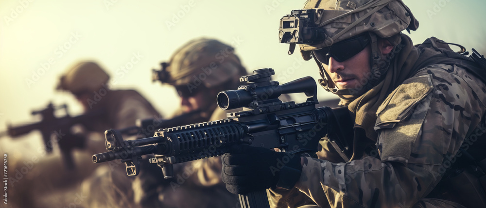 A group of soldiers with weapons on a mission. Close-up of one of the soldiers from the group A group of soldiers with weapons on a mission. Close-up of one of the soldiers from the group