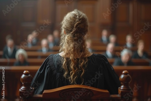 A female lawyer stands at the podium, presenting her case to the attentive jury and audience in a formal courtroom setting. photo