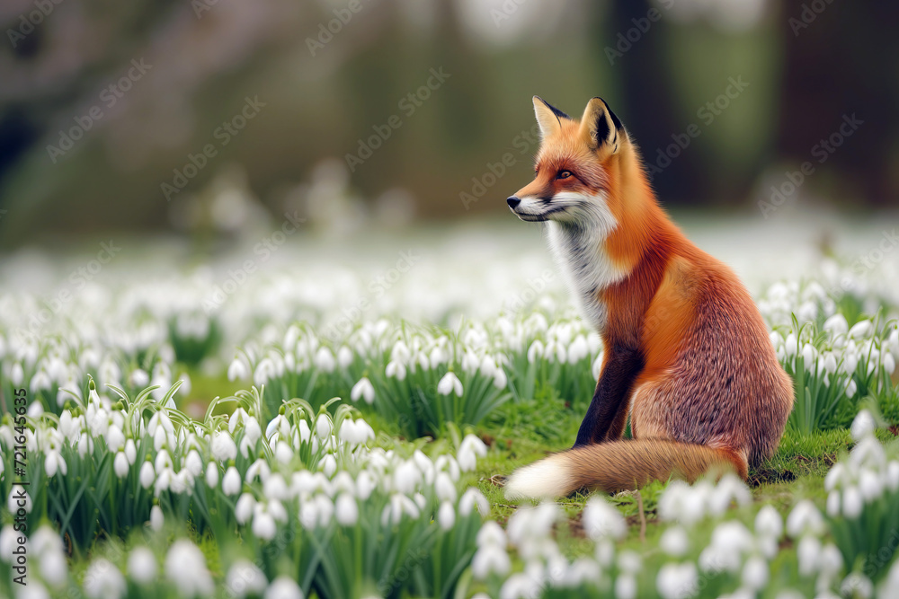 Fototapeta premium Red Fox Sitting Amongst Snowdrops, Serene Nature Scene