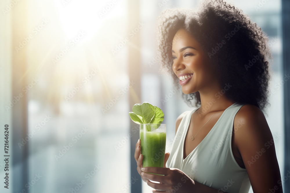 Obraz premium Radiant Woman with Green Juice Enjoying Sunlight, Urban Health Concept