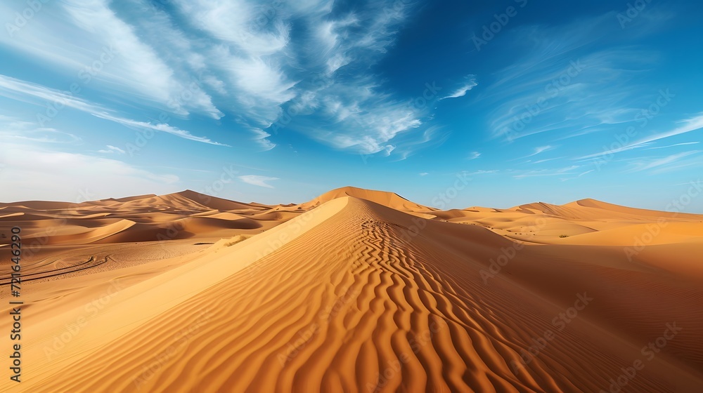 surreal desert landscape with towering sand dunes, stretching as far as the eye can see, under a clear blue sky