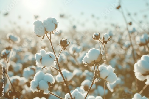 A cotton plant field  cotton balls  light blue sky  sunlit  light blurred background