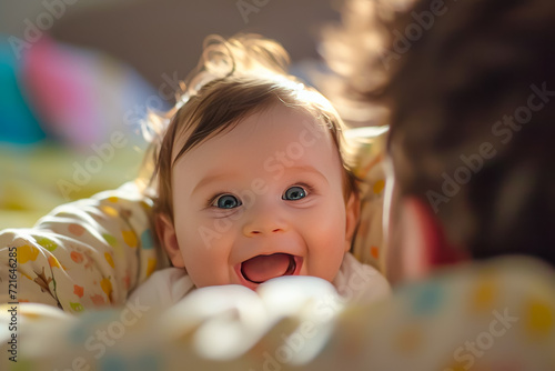 A baby giggling while playing peek-a-boo with their parent