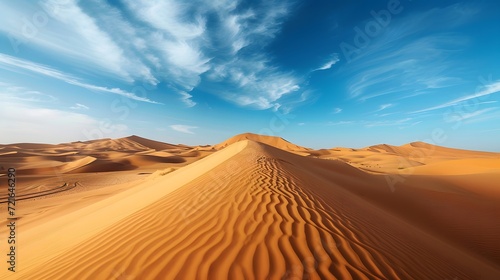 surreal desert landscape with towering sand dunes  stretching as far as the eye can see  under a clear blue sky