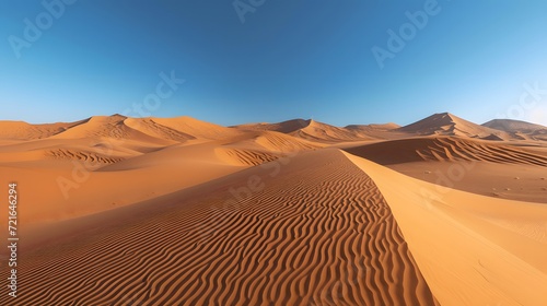 desert sand dunes, surreal desert landscape with towering sand dunes, stretching as far as the eye can see, under a clear blue sky