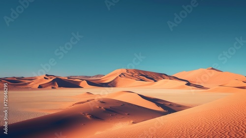 landscape in the desert, surreal desert landscape with towering sand dunes, stretching as far as the eye can see, under a clear blue sky
