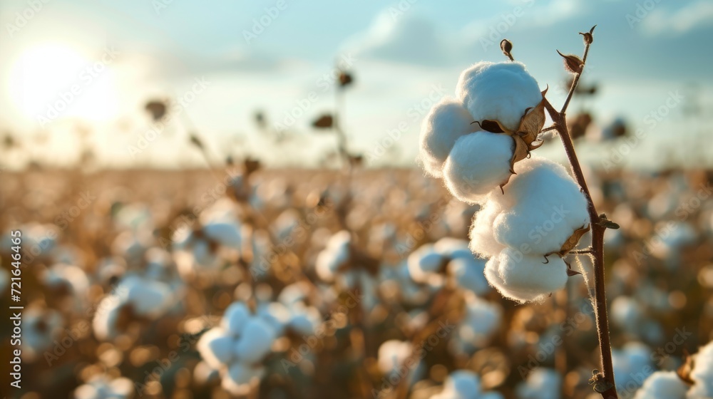 A cotton plant field illuminated by sunlight, with fluffy cotton balls against a light blue sky and a softly blurred background