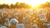 Golden sunlight bathes a vast field of white cotton under a clear sky at dusk