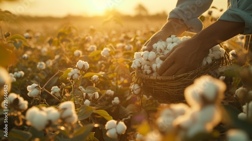 Workers hand-picking cotton in a field, early morning light, baskets full of cotton. Authentic rural setting, gentle morning hues