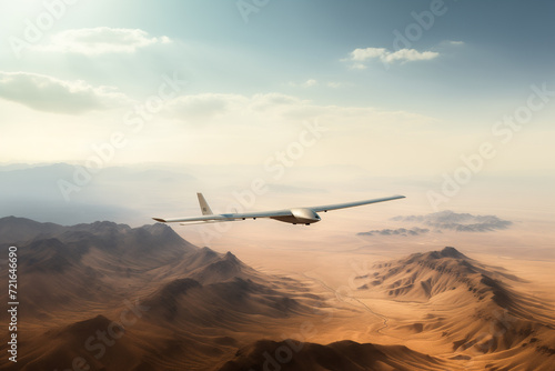 A large combat and reconnaissance drone in flight. Construction of the aircraft against the background of a natural landscape