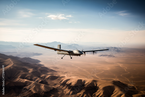 A large combat and reconnaissance drone in flight. Construction of the aircraft against the background of a natural landscape