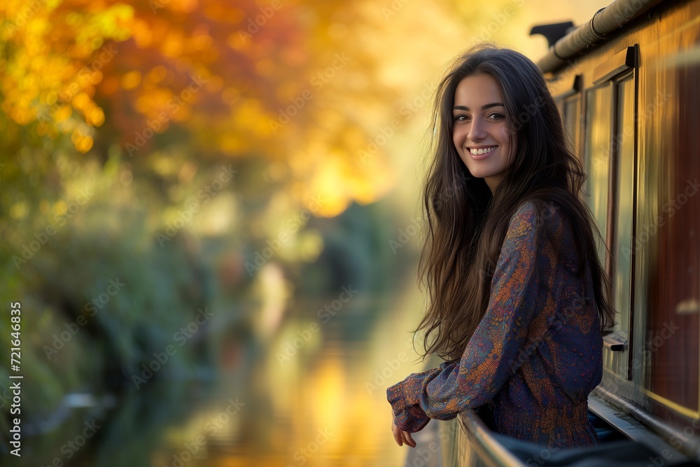 Young woman on a canal boat in the fall. Young woman on a canal boat in the fall.