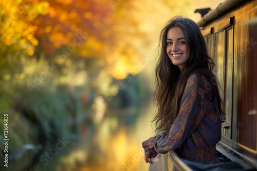 Print op canvas Young woman on a canal boat in the fall.