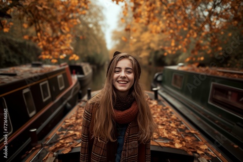Fototapeta Young woman on a canal boat in the fall.