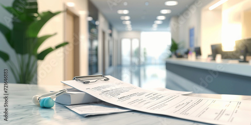 hospital billing desk with a stack of medical bills, close-up view of various charges listed, realistic lighting, focus on the complexity and high costs, modern hospital background photo